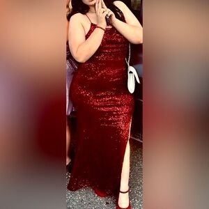 Fashion Nova Dress, Red, Sparkly, With Slit, Stretchy, Size 1x.